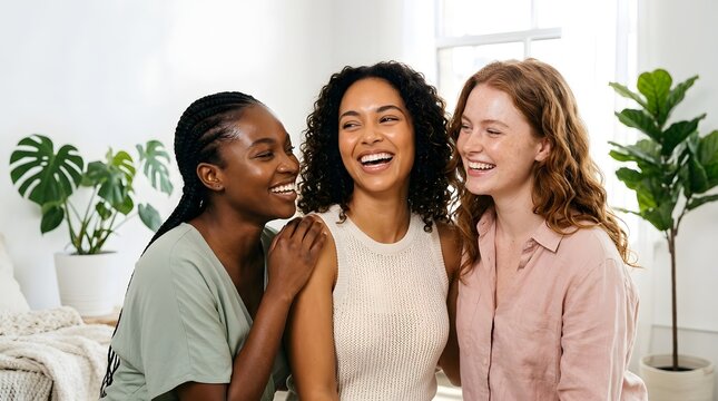 Three diverse young women share a moment of genuine laughter and connection, their radiant smiles illuminating the room.