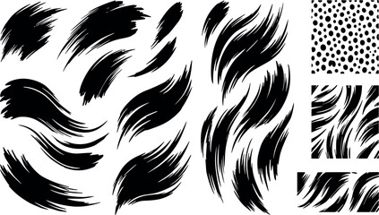 Bold black animal fur spots pattern with swirling brush marks, textured crayon blobs and abstract skin silhouettes vector set © MODA