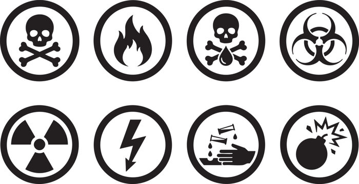 Hazard symbols collection poison flame biohazard radiation electricity injury and explosion warnings