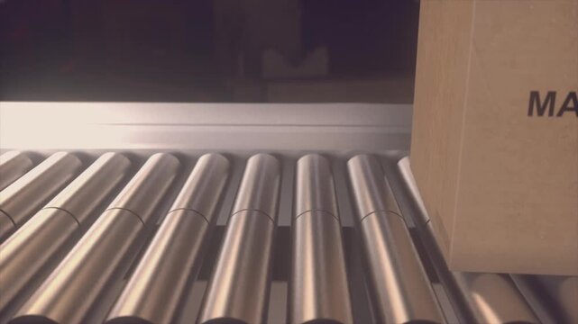 Industrial Shipping Packages On Roller Conveyor With Made In China Text