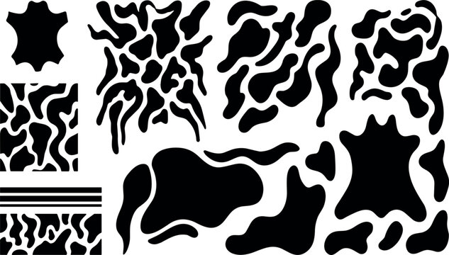 Bold black animal fur spots pattern with swirling brush marks, textured crayon blobs and abstract skin silhouettes vector set