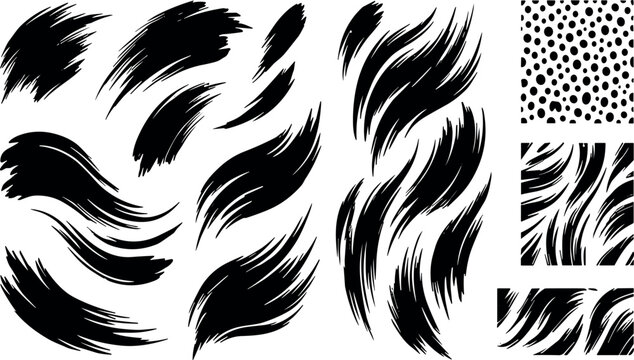 Bold black animal fur spots pattern with swirling brush marks, textured crayon blobs and abstract skin silhouettes vector set