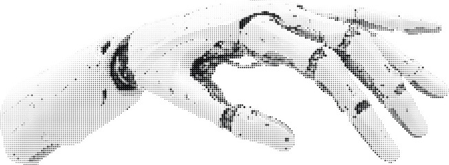 Robot hand on transparent background, mechanical limb, futuristic technology, detailed circuitry, halftone dot pattern effect, science fiction concept. © MdKorban