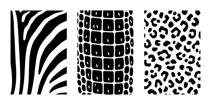 Animal print pattern set with zebra, reptile and leopard textures. Black and white abstract backgrounds for fashion, textile and modern design.