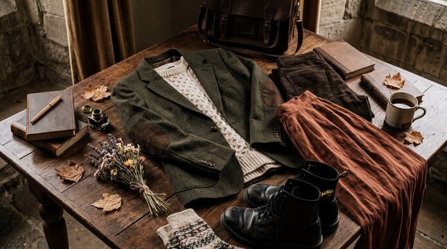 alternative fashion styles, an elegant arrangement of dark academia and cottagecore clothing elements