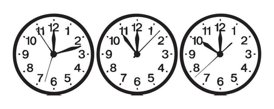 Three clock icons showing 2 o'clock, 11 o'clock and 10 o'clock. analog time, timer, deadline, schedule.