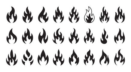 Naklejka premium Set of black fire icons with varied flame shapes for interface design and simple warning symbols.