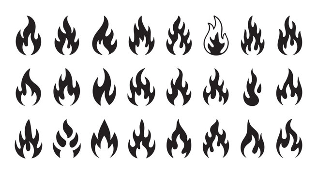 Set of black fire icons with varied flame shapes for interface design and simple warning symbols.