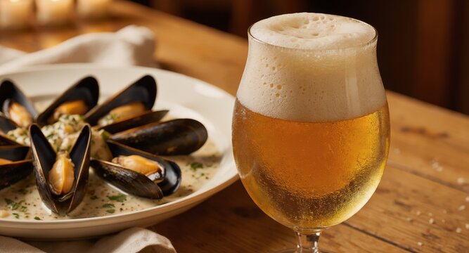 Glass of cold light beer with froth and plate of fresh steamed mussels on wooden table. Gourmet seafood appetizer with alcoholic beverage pairing. Refreshing pub or restaurant meal.