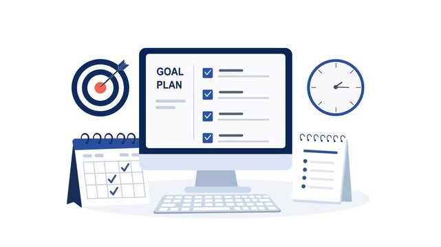 Goal Planning And Time Management Concept Flat Design Animation.  Workspace Computer Screen with  Goal Plan Checklist, Calendar, Target, And Task Notes.  Productivity, and Business Strategic Planning