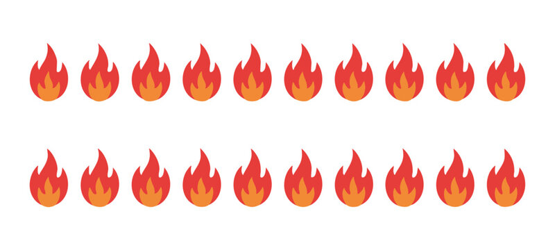 Set of colorful flat fire flame icons isolated on transparent background for graphic design work.