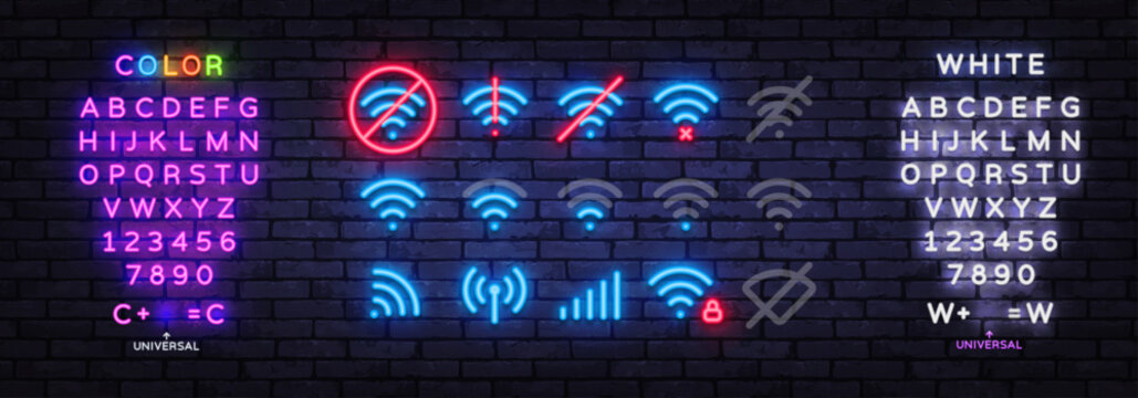Neon Wi-Fi and signal status icon set including offline, warning, weak signal, secure connection, and hidden network symbols, plus editable glowing alphabet and numeric characters.