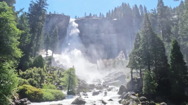 Nevada Fall waterfall in Yosemite National Park, California, featuring rushing water, granite cliffs, forest scenery, and pristine wilderness landscapes