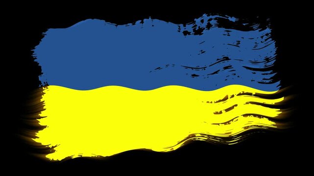 Waving torn Ukraine flag grunge brush burn light leaks, transparent background alpha channel loop full HD