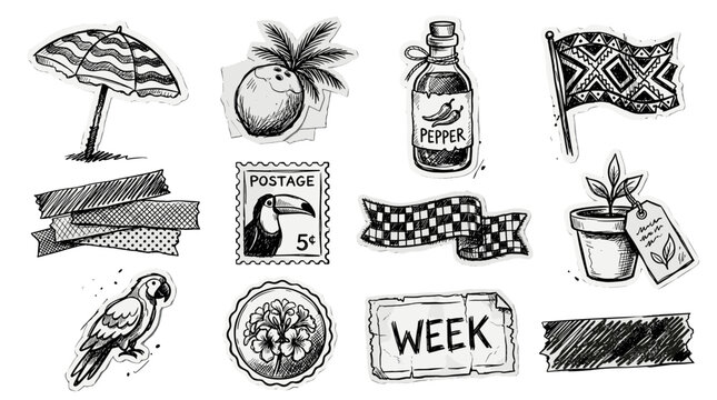 Collection of summer vacation icons including umbrella pineapple sunscreen and beach accessories
