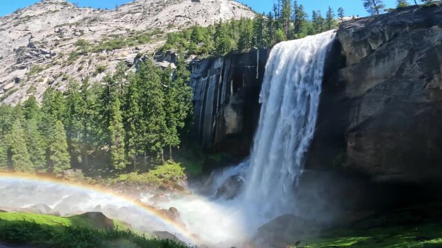 Vernal Fall waterfall in Yosemite National Park, California, featuring rushing water, granite cliffs, forest scenery, and pristine wilderness landscapes