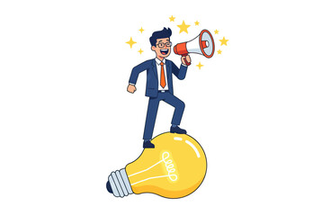 Businessman with megaphone stands on lightbulb with stars vector illustration © pumpskin
