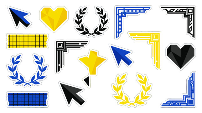 Collection of digital icons and symbols including arrows hearts stars and laurel wreaths