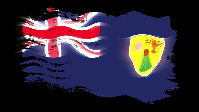 Waving torn Turks and Caicos flag grunge brush burn light leaks, transparent background alpha channel loop full HD