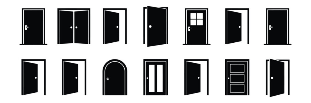 Door icon set, open door symbol, front entrance vector illustration for access, entryway, interior, architecture and navigation design.