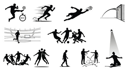Soccer player silhouettes with stadium and time elements black on white background football futbol athlete sportsman kicker striker goalkeeper arena grandstand scoreboard timer clock match © FOR YOU