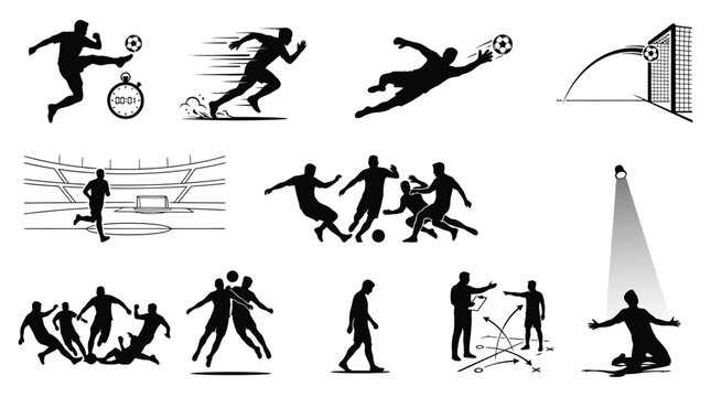 Soccer player silhouettes with stadium and time elements black on white background football futbol athlete sportsman kicker striker goalkeeper arena grandstand scoreboard timer clock match