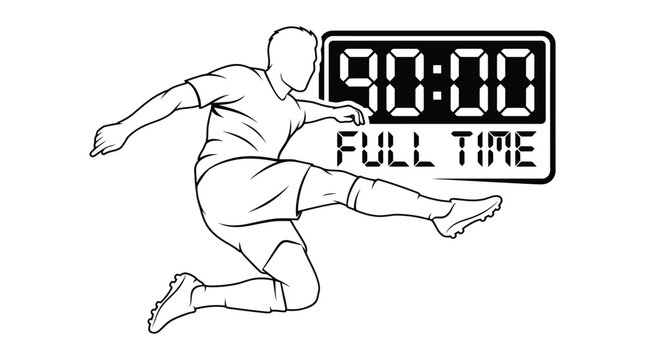 Soccer player silhouette with digital clock displaying full time on a white background football athlete sportsman kicking running action movement game match competition stadium field