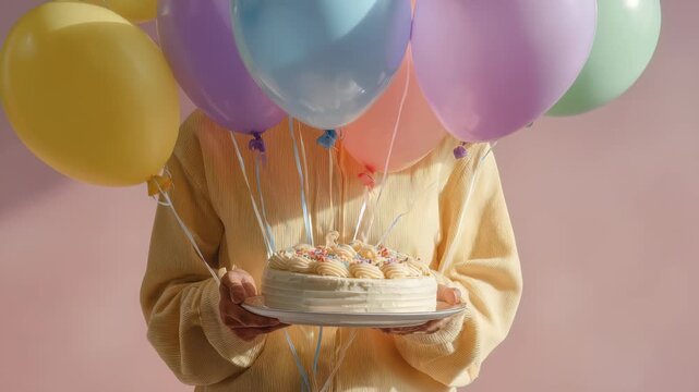 A cheerful individual presents a delicious cake while pastel balloons float above, creating a festive scene. The soft pink background enhances the playful and trendy party vibe