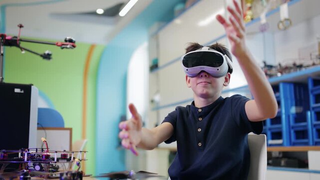 Teen boy wearing virtual reality headset reaching in workshop drone robotic design.