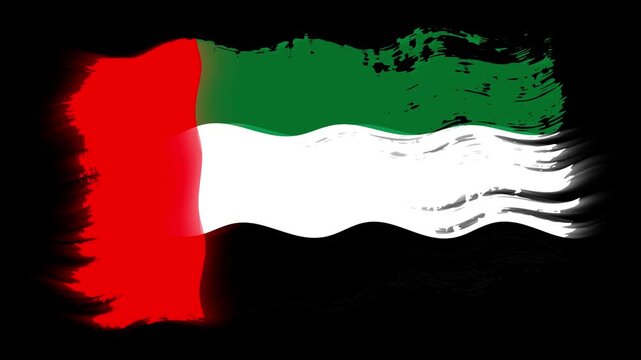 Waving torn United Arab Emirates flag grunge brush burn light leaks, transparent background alpha channel loop full HD