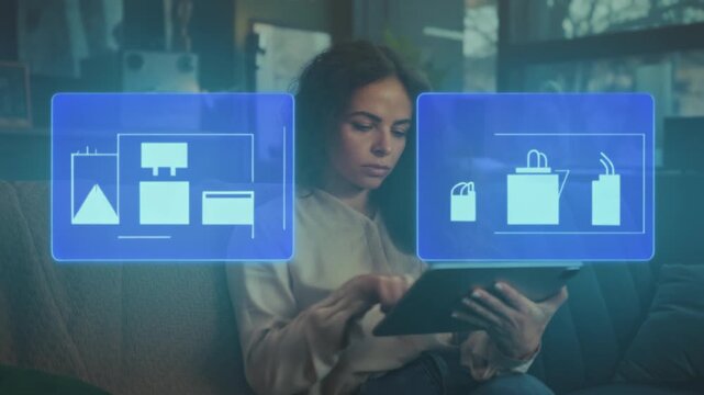 Woman thoughtfully examines and selects products with digital overlays and visual cues in contemporary living space