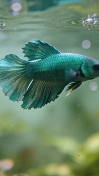 Vertical video: Swimming teal Betta fish fanning at surface ripples in tank chasing bubble stream