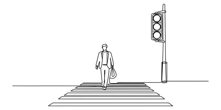 Businessman walking across a city street crosswalk with a traffic light in a continuous line drawing style simple vector illustration for office commute Vector, illustration