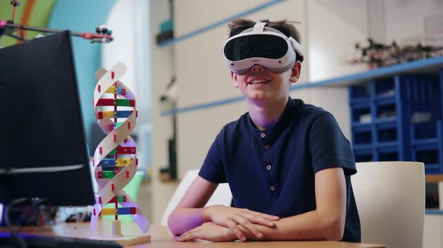 Boy wearing vr headset interacting with colorful dna model at school desk in classroom during daytime.