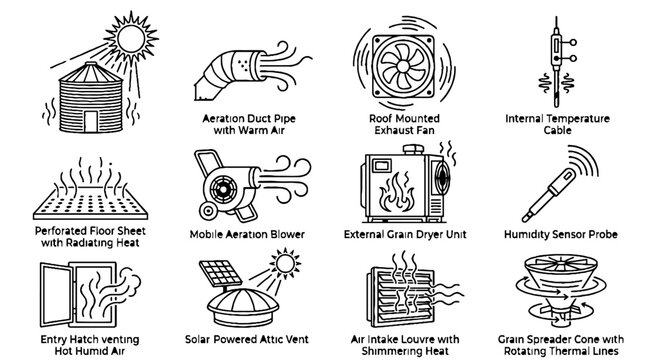 Industrial Grain Drying and Aeration System Equipment Line Art Icons Set.