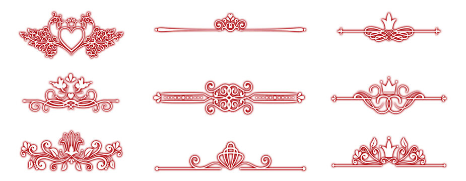 Set of red ornate floral designs and borders with hearts and leaves for decoration and embellishment purposes  elegant scrollwork transparent background