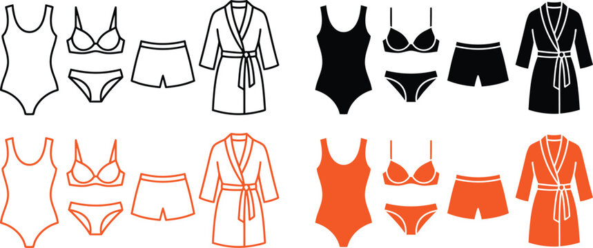 Collection of swimwear and beachwear clothing items in various colors and styles