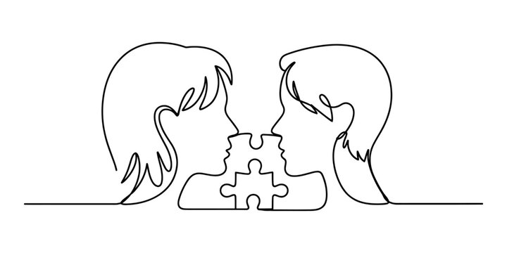 Continuous line drawing of two people heads connecting with a puzzle piece representing teamwork communication and human connection in a simple artistic style Vector, illustration