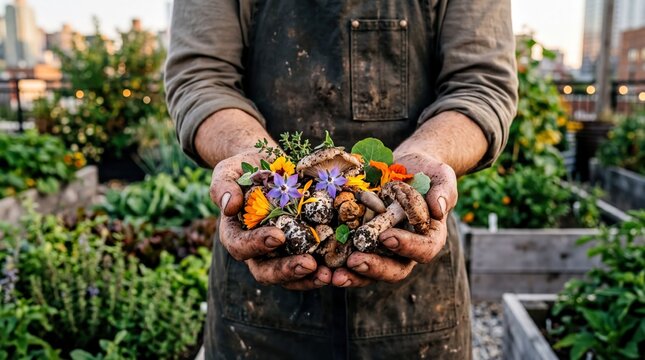 urban farming techniques, a chefs hands cradle fresh, earthy mushrooms and vibrant flowers