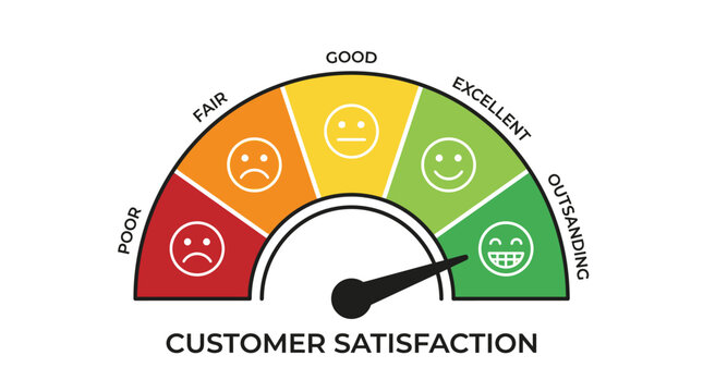 Colorful customer satisfaction gauge with emotional faces indicating a high level of service quality performance