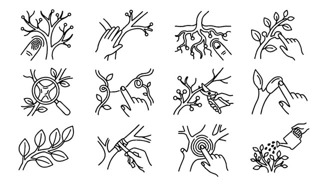 Set of gardening and plant care line icons showing pruning watering and tree maintenance.