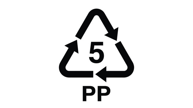 A black plastic recycling resin identification code symbol featuring the number five and pp text