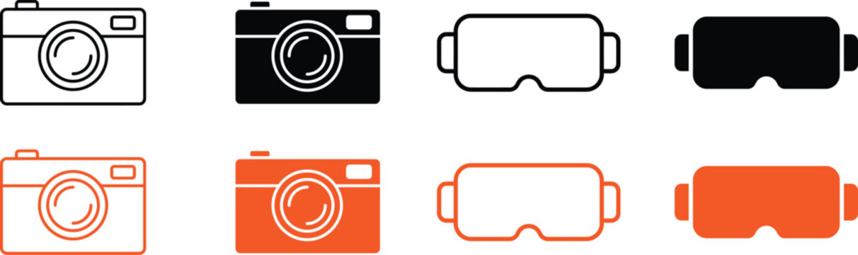 Camera and VR headset icons in various styles for tech and design projects
