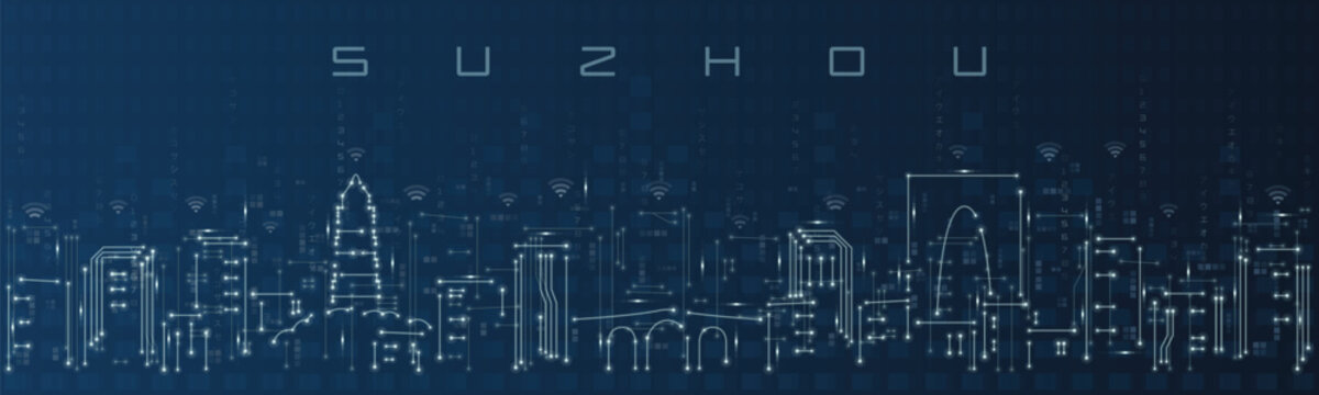 Suzhou Smart City Skyline Vector in Circuit Board Style Futuristic Technology Background