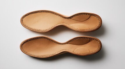 Fototapeta premium Pair of Raw Tan Leather Shoe Soles with Stitched Heel on White Background. AI generated image