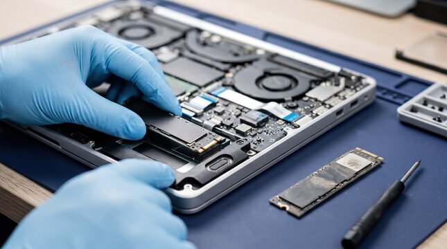 tech upgrades, close-up of an opened laptop, an old ssd next to a new one, suggesting upgrades