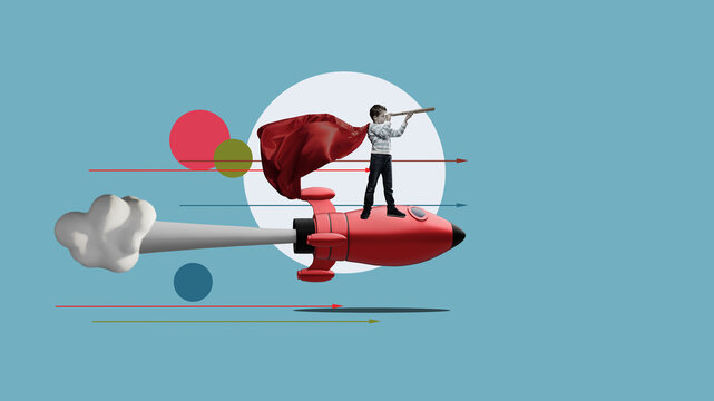a clever hero child with a pen rides a fast, modern rocket. Successful learning concept.