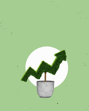 A realistic arrow made of fresh green leaves, isolated on a flat design background. Financial growth concept.