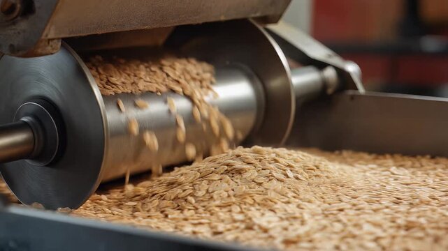 Oat processing, oats pouring from a machine, industrial food production, seamless loop, symbolizing efficiency and bulk processing