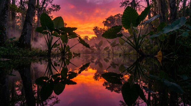 Alocasia by a swamp at sunset